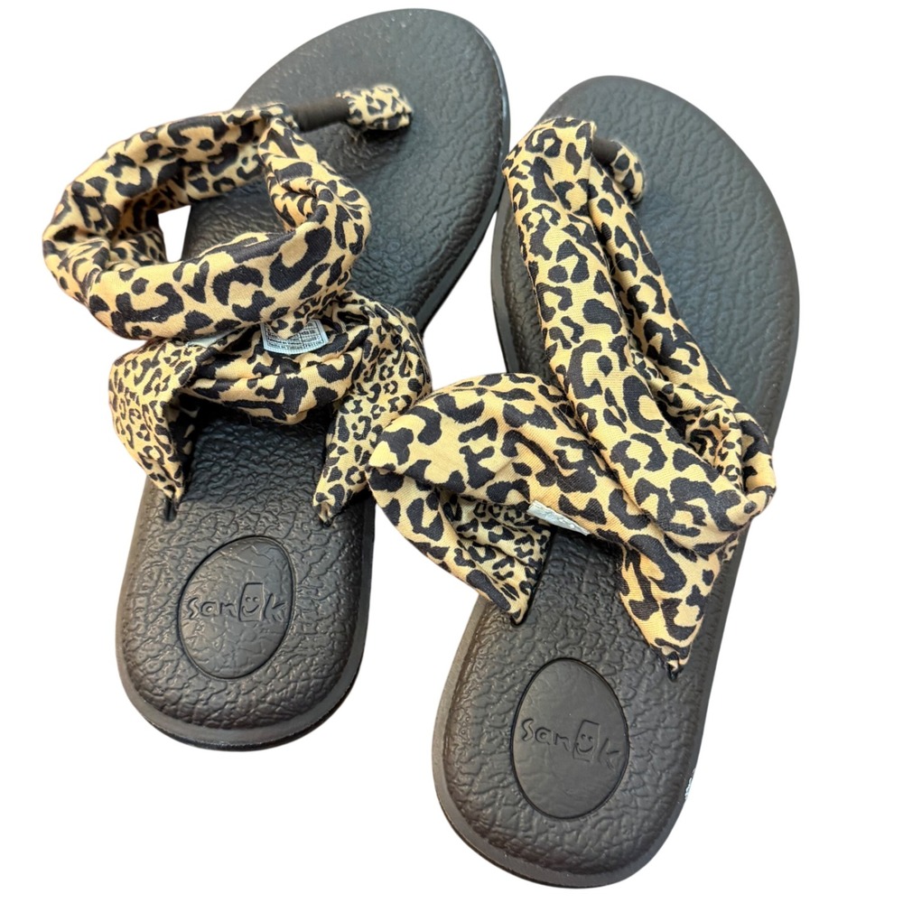 Sanuk Yoga Sling 2 Leopard Print Sandals Womens 8 Black Tan Animal Print 1110630